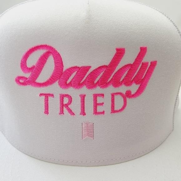 Daddy Tried Funny Gag Gift Hat USA Embroidery Trucker Mesh Snapback White Pink T main image 4